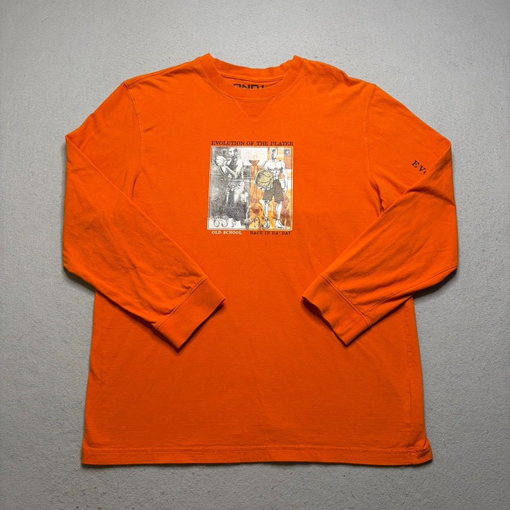 AND1 Graphic T-Shirt Mens Large Orange Evolution of the Player Long Sleeve Tee